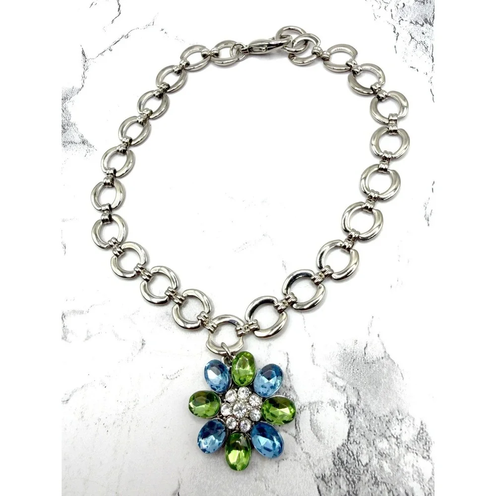 Aria Flower Charm Dog Necklace Blue Green Crystal 8–12